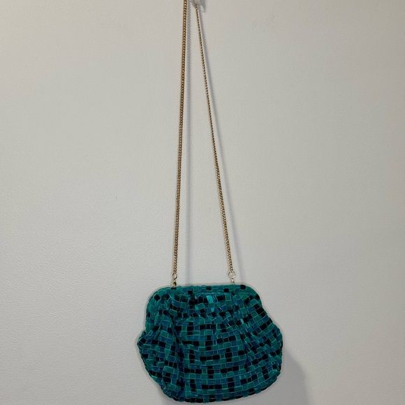 Anthropologie Velvet Woven Clutch Turquoise/Green  with Gold Chain - Picture 2 of 9
